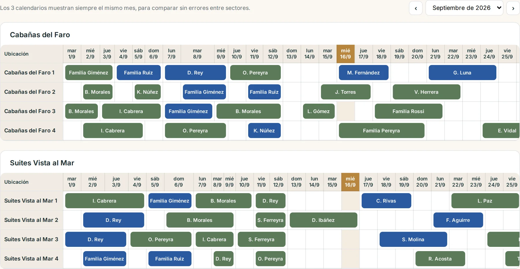 Calendario de reservas por sector