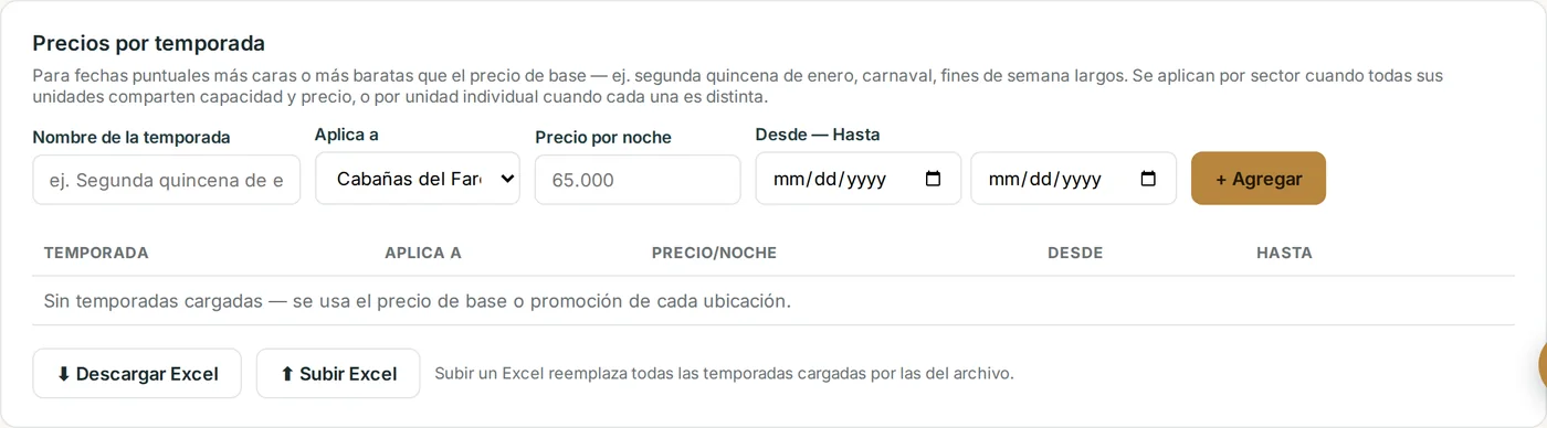 Precios por temporada