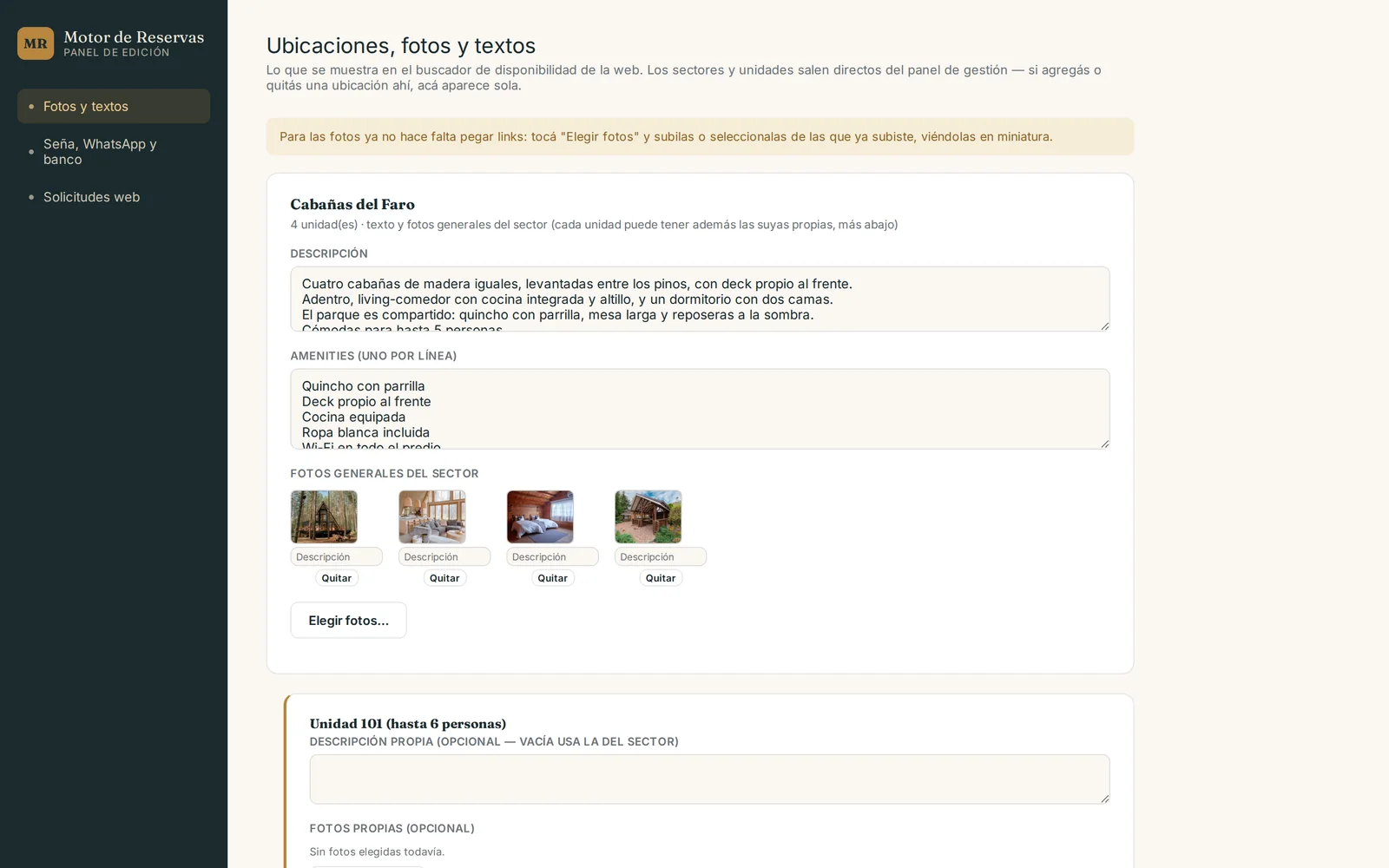 Editor de fotos y textos del motor