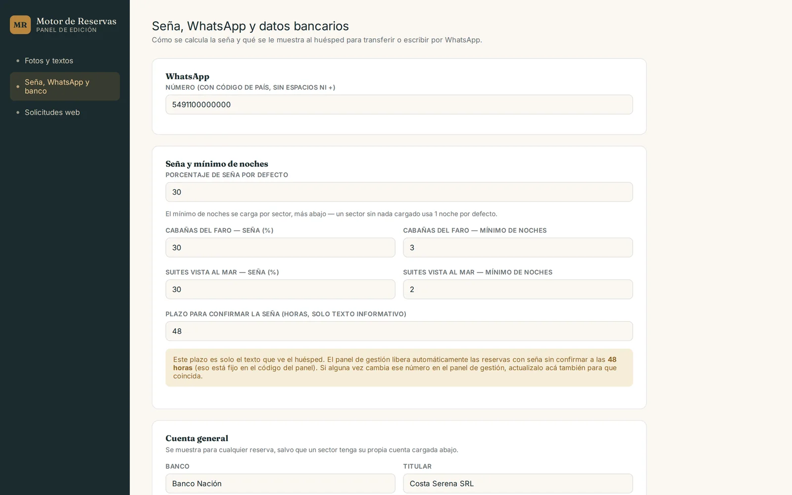 Configuración de seña, WhatsApp y datos bancarios