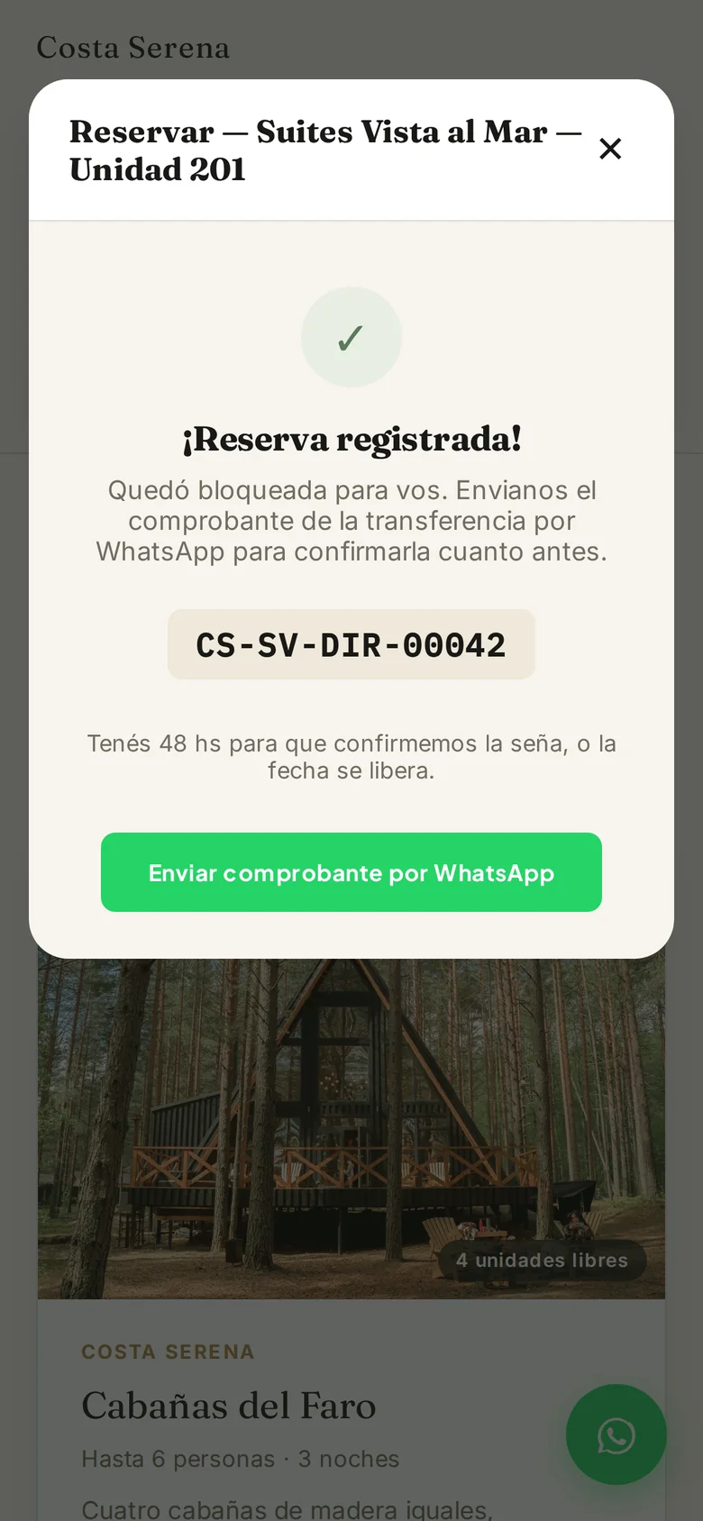 Reserva registrada con código