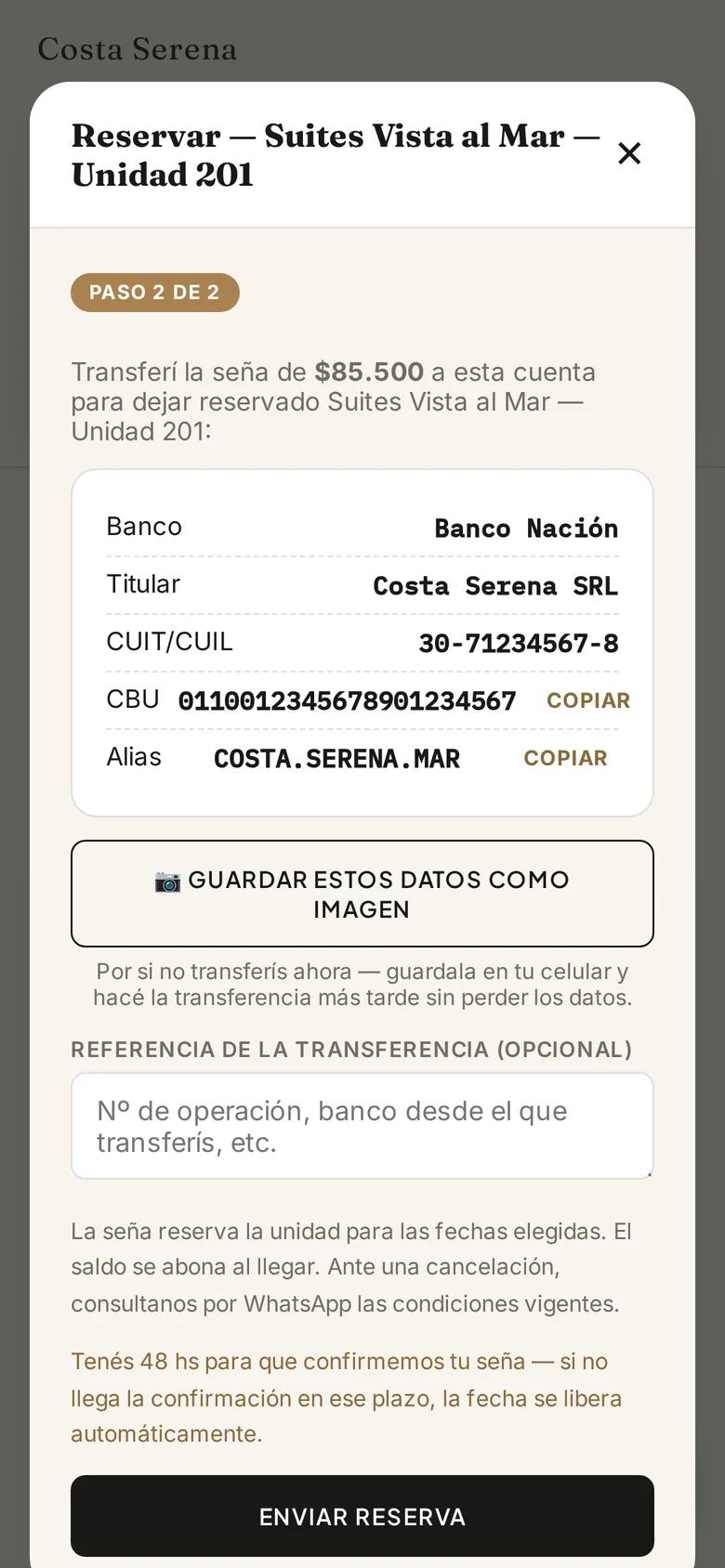 Datos bancarios para la seña