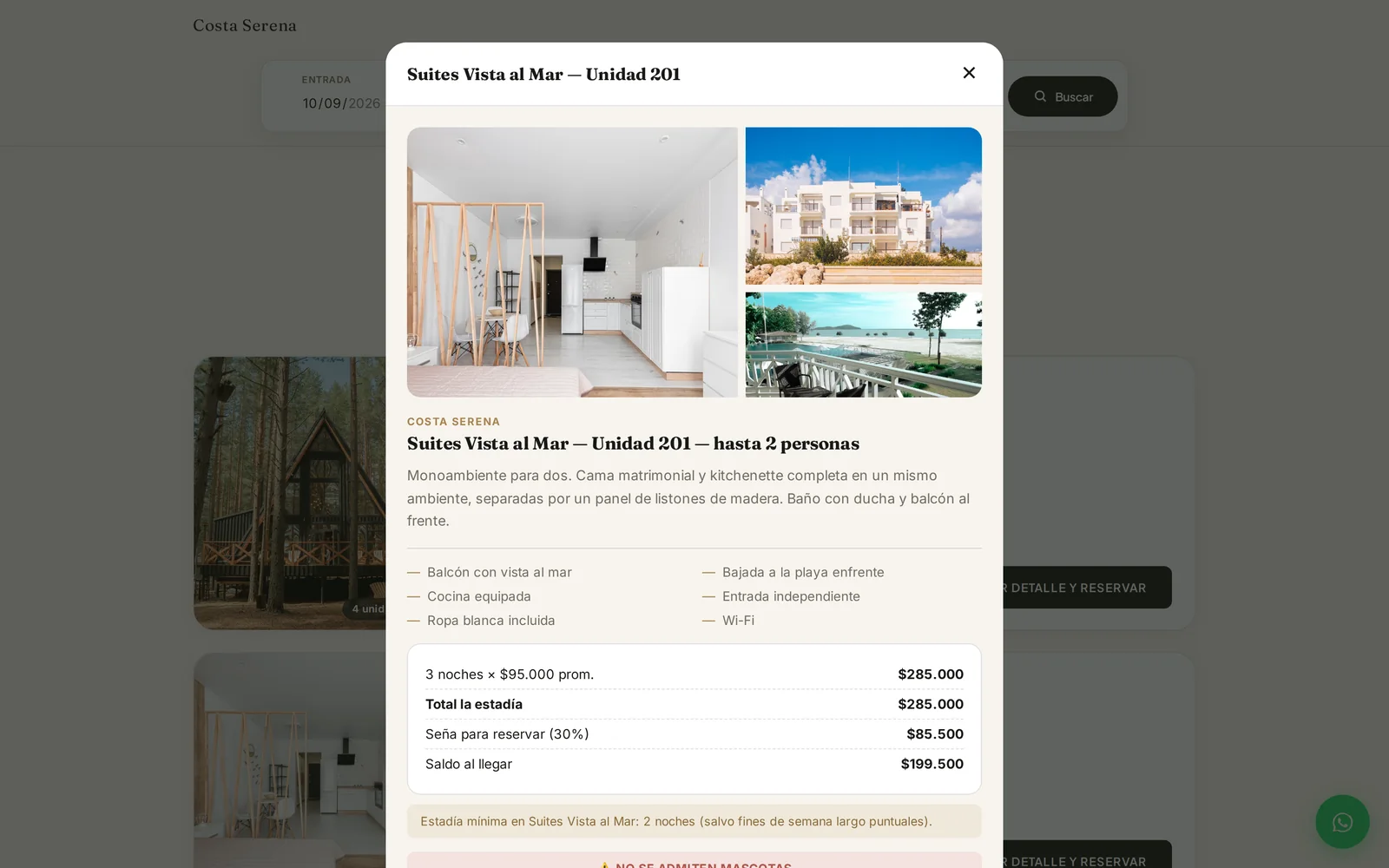 Detalle de una unidad con fotos, amenities, total y seña
